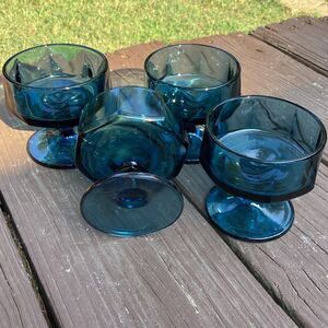 Indiana Glass Colony‎ Nouveau Riviera Blue Footed Coupes Set of 4, 1970s